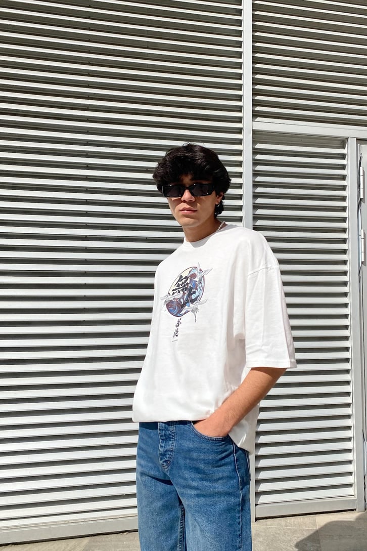 Kanagawa Wawe Baskılı Ekru Oversize Tshirt