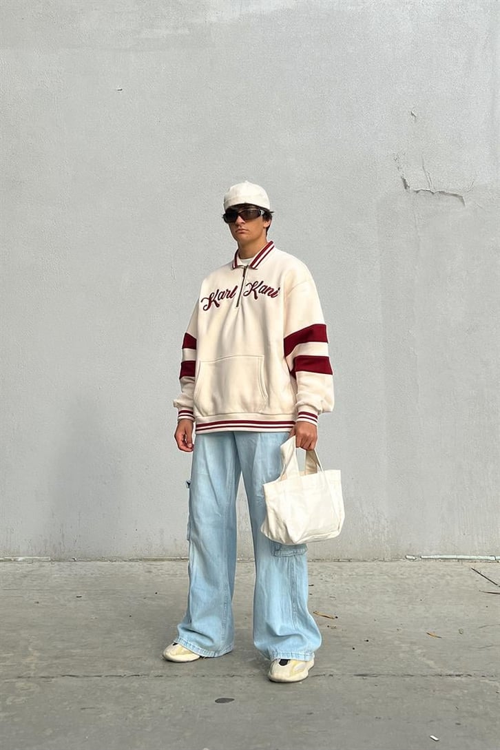 Kani Nakışlı Half-Zip Bej Oversize Hoodie