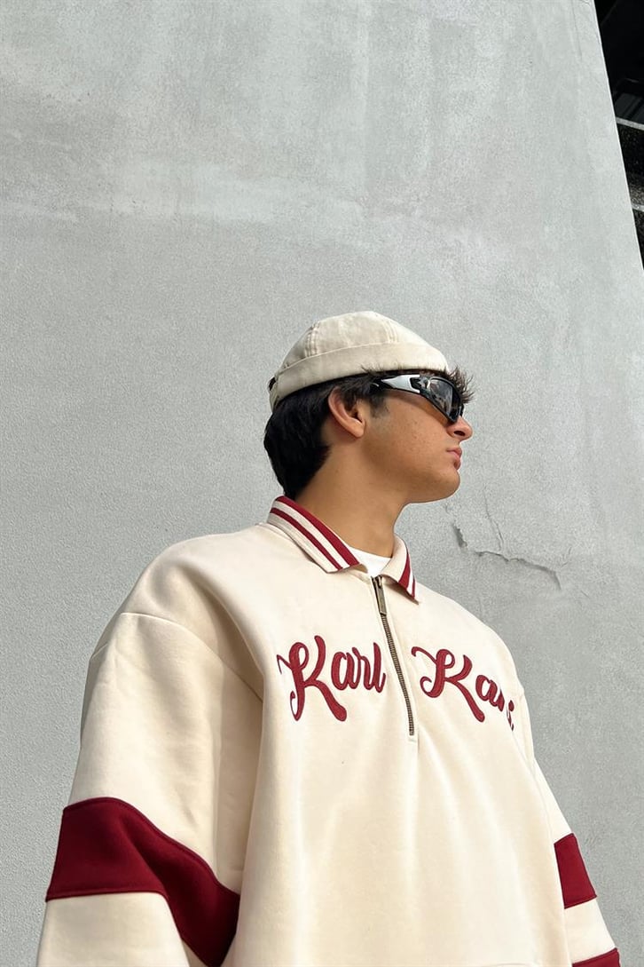 Kani Nakışlı Half-Zip Bej Oversize Hoodie