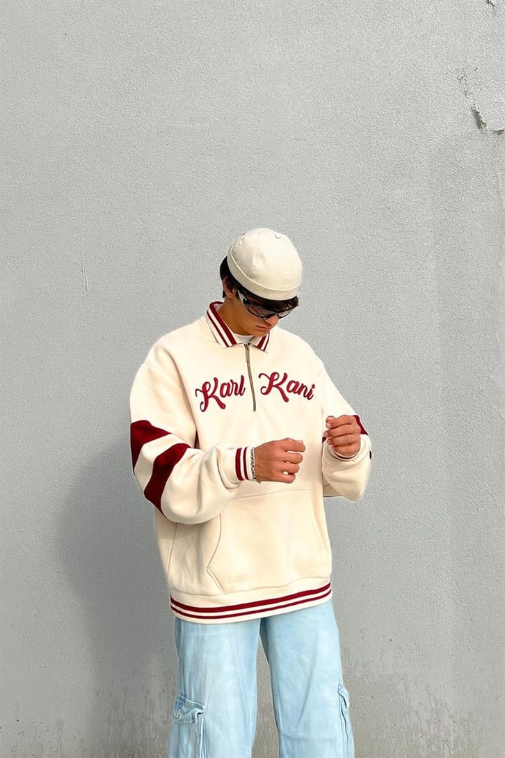 Kani Nakışlı Half-Zip Bej Oversize Hoodie