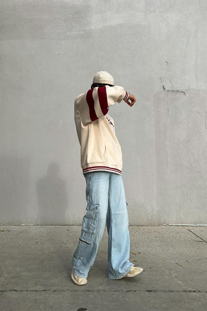 Kani Nakışlı Half-Zip Bej Oversize Hoodie