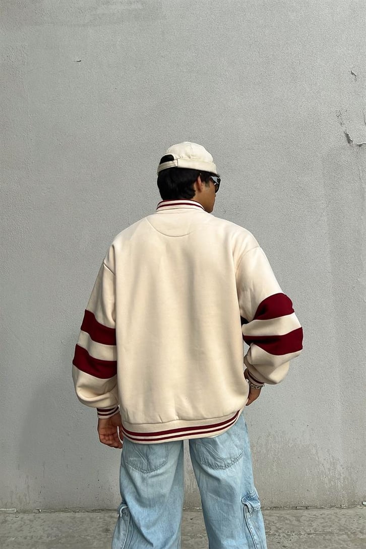 Kani Nakışlı Half-Zip Bej Oversize Hoodie