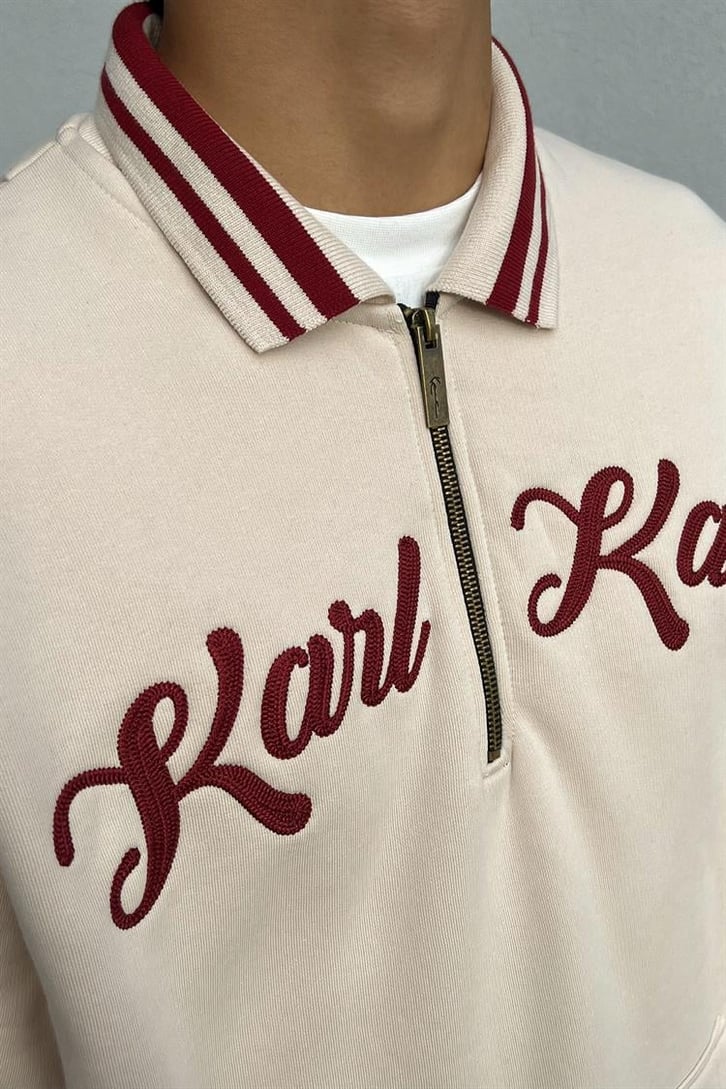 Kani Nakışlı Half-Zip Bej Oversize Hoodie