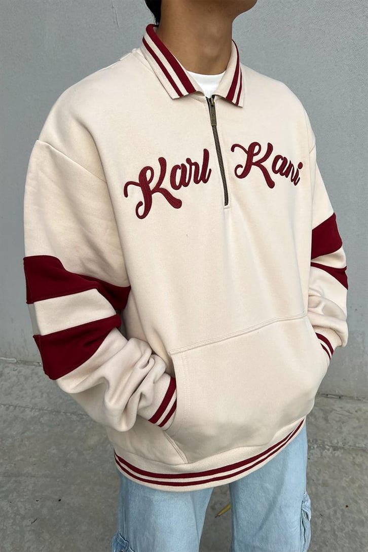 Kani Nakışlı Half-Zip Bej Oversize Hoodie