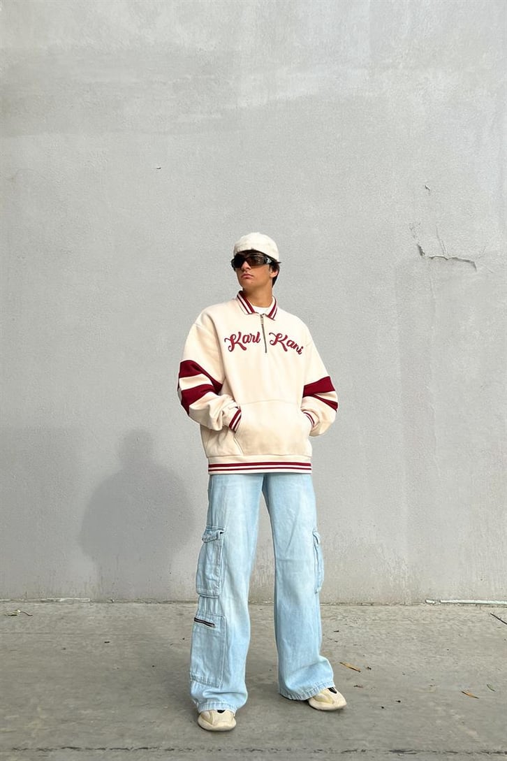 Kani Nakışlı Half-Zip Bej Oversize Hoodie