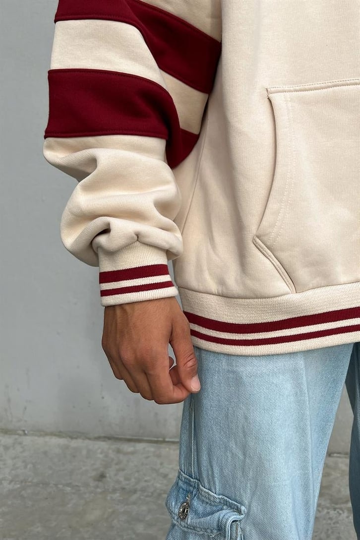 Kani Nakışlı Half-Zip Bej Oversize Hoodie