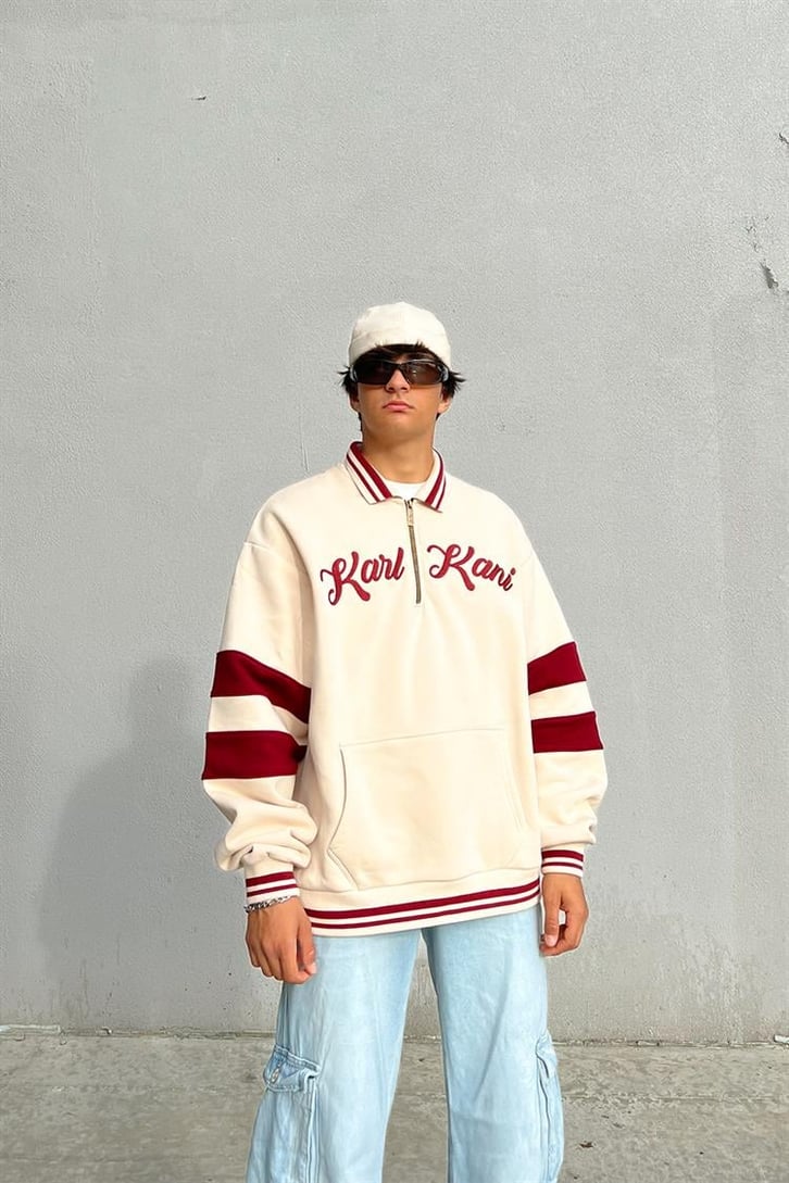 Kani Nakışlı Half-Zip Bej Oversize Hoodie