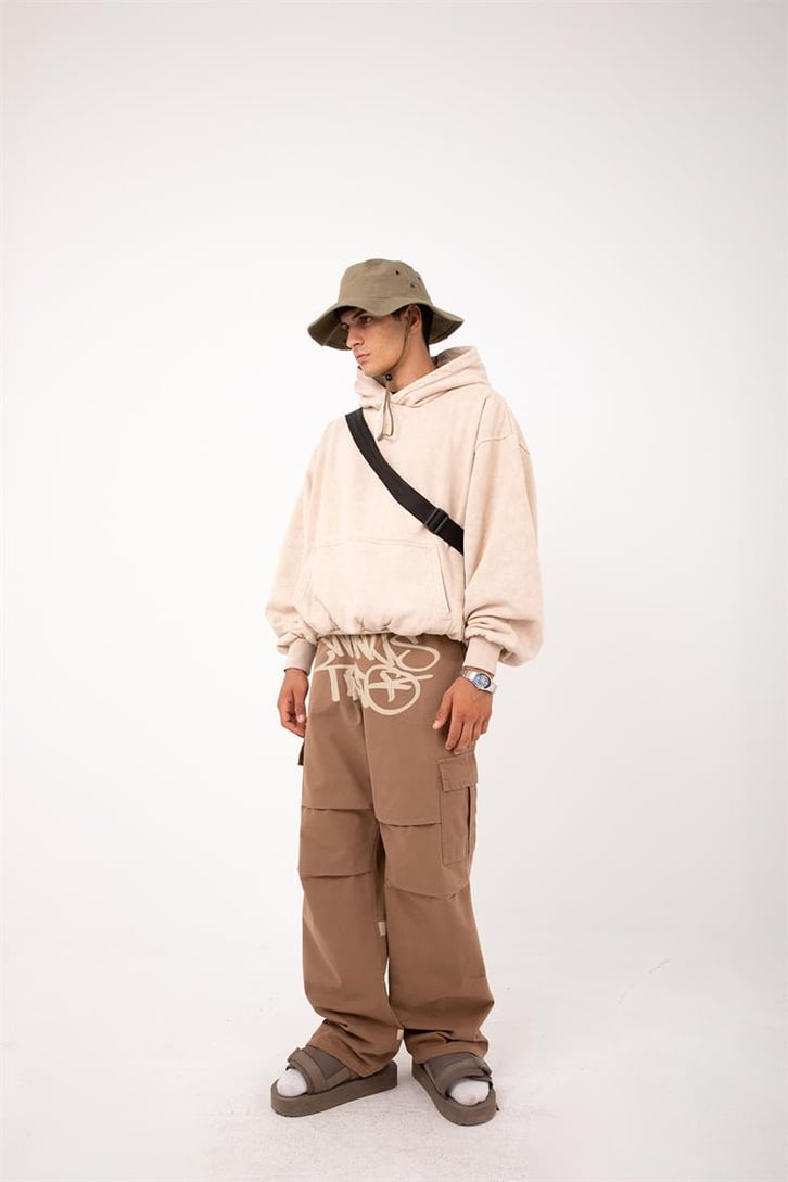 Kani Nakışlı Taş Rengi Oversize Hoodie