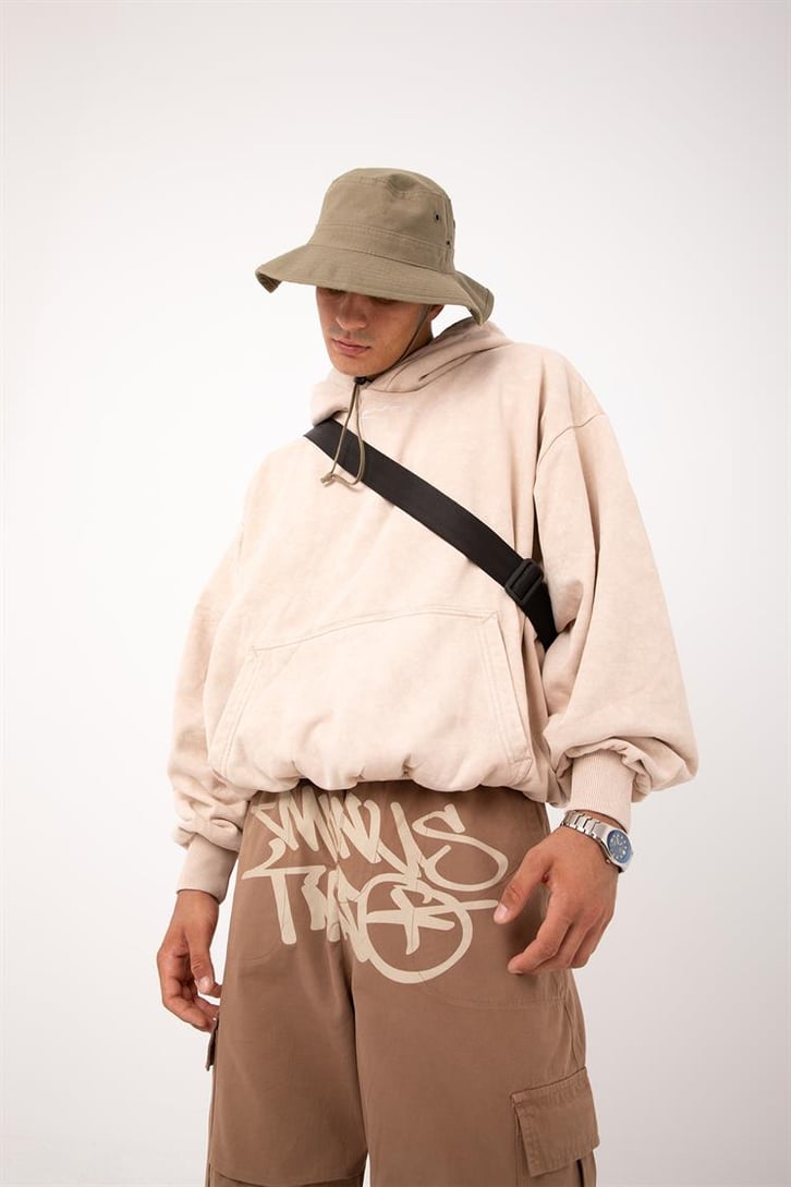 Kani Nakışlı Taş Rengi Oversize Hoodie