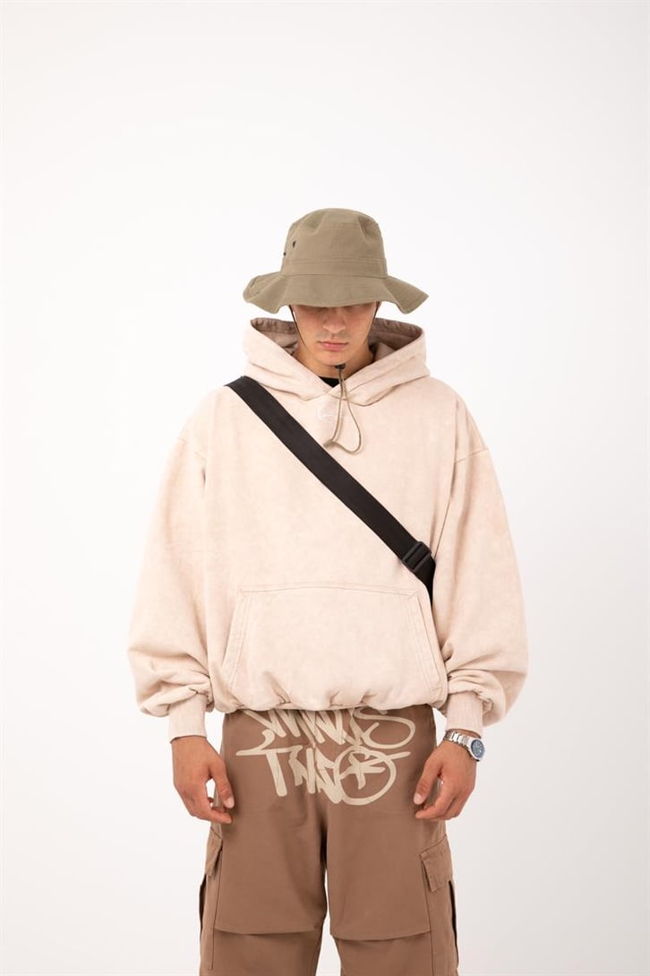 Kani Nakışlı Taş Rengi Oversize Hoodie