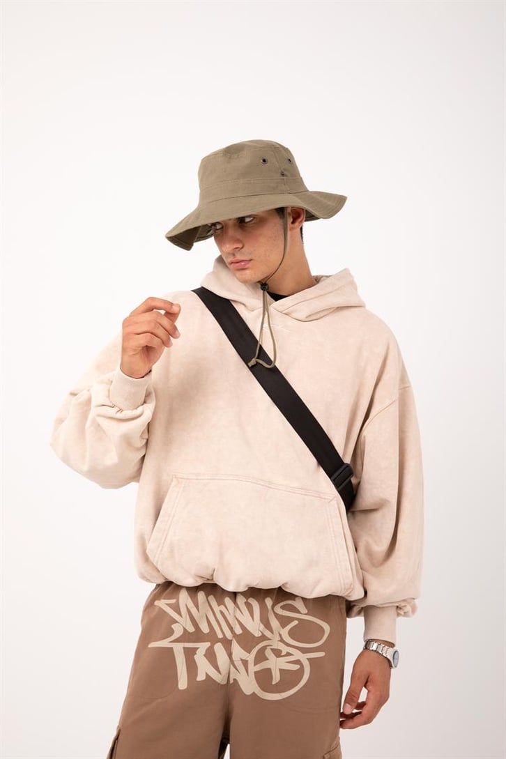 Kani Nakışlı Taş Rengi Oversize Hoodie
