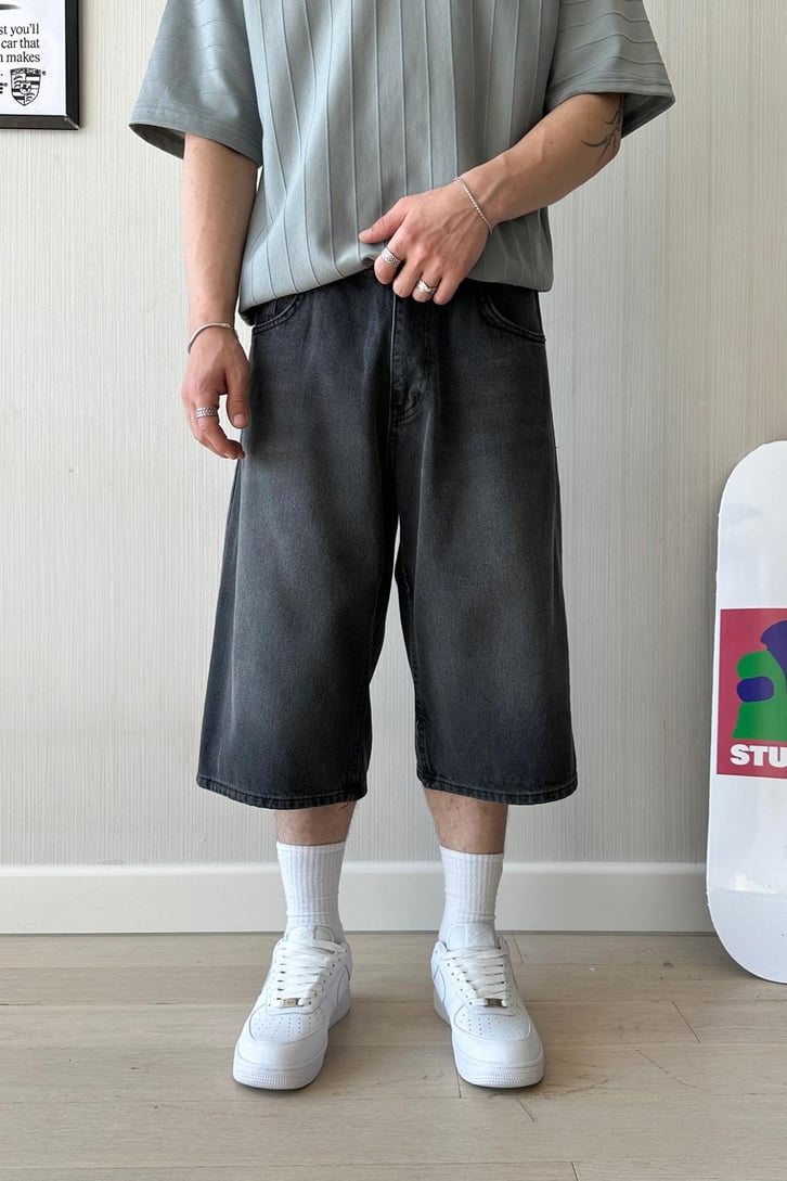 Kar Yıkama Siyah Baggy Şort