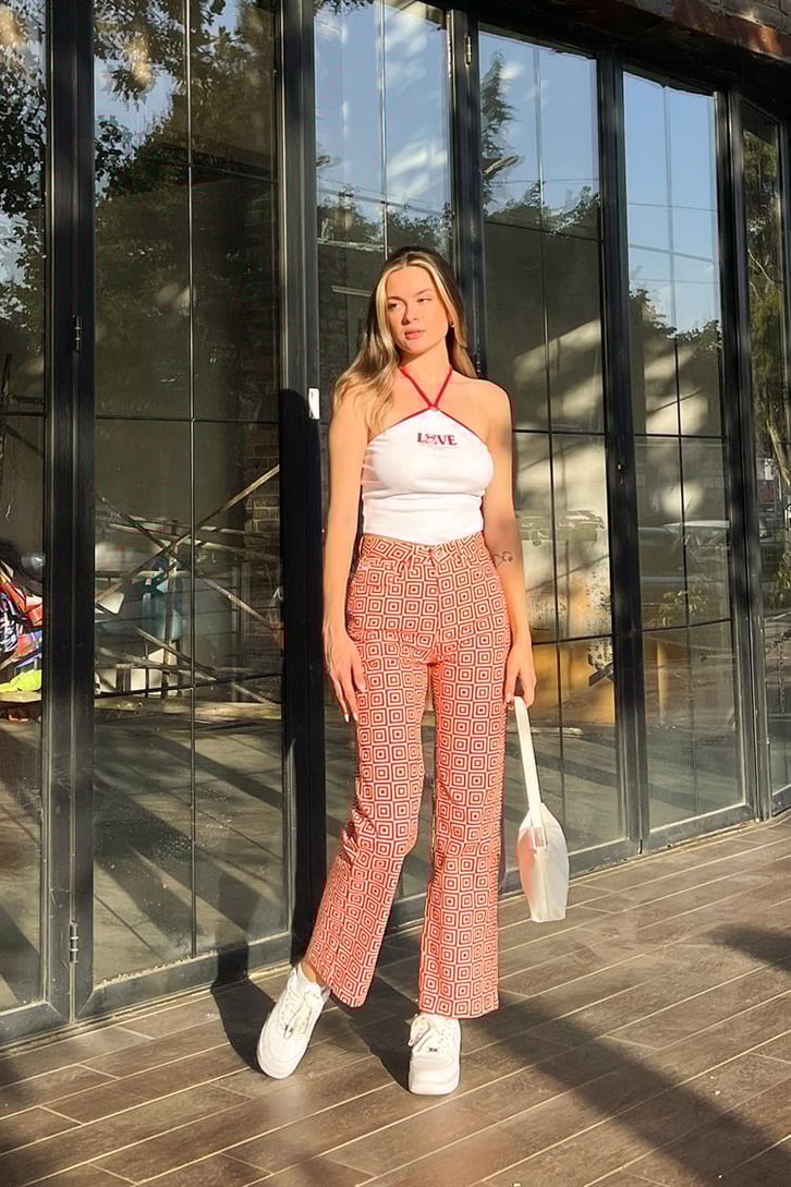 Kare Desen Kırmızı Baggy Jean