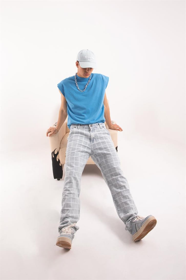Kare Desenli Buz Mavi Baggy Jean