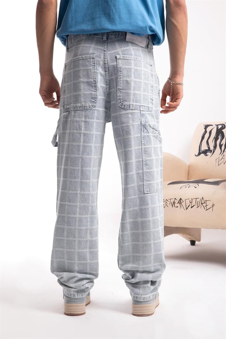 Kare Desenli Buz Mavi Baggy Jean