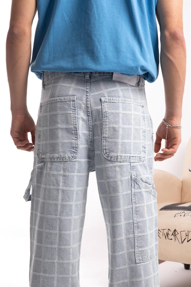 Kare Desenli Buz Mavi Baggy Jean