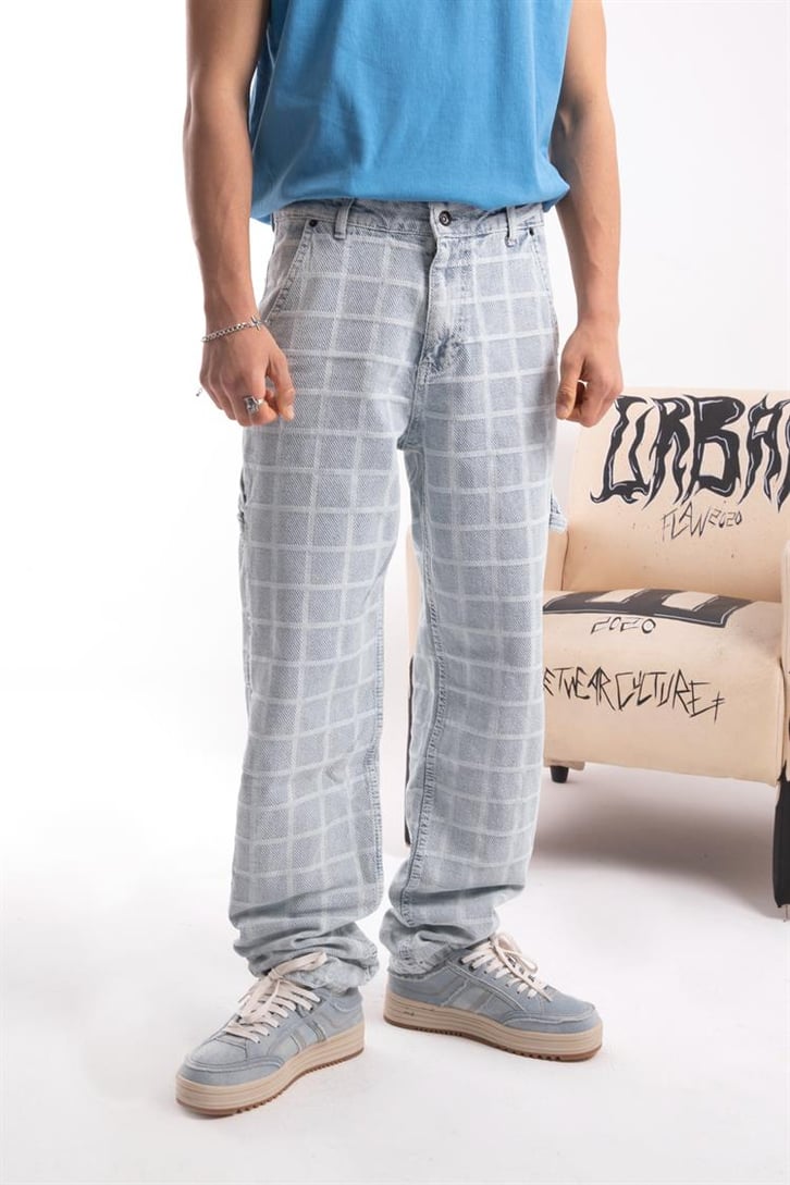 Kare Desenli Buz Mavi Baggy Jean