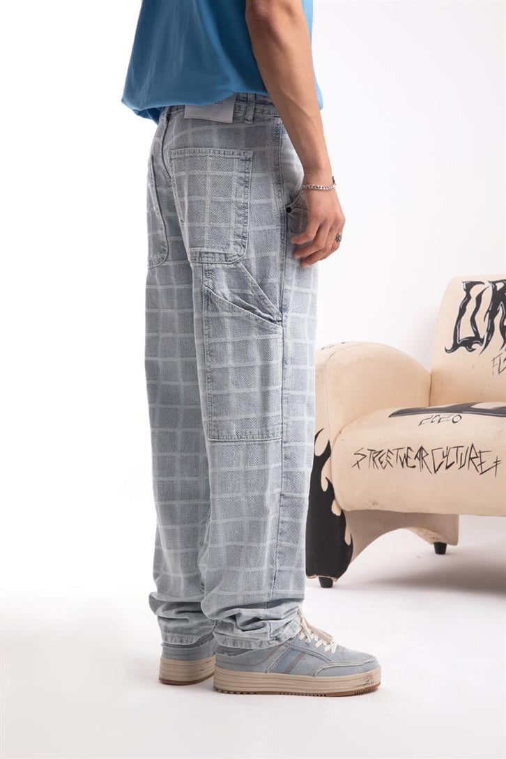 Kare Desenli Buz Mavi Baggy Jean