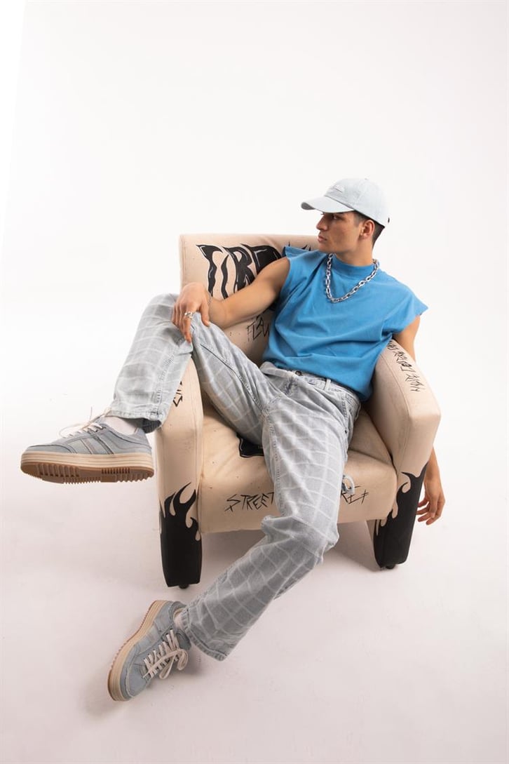 Kare Desenli Buz Mavi Baggy Jean