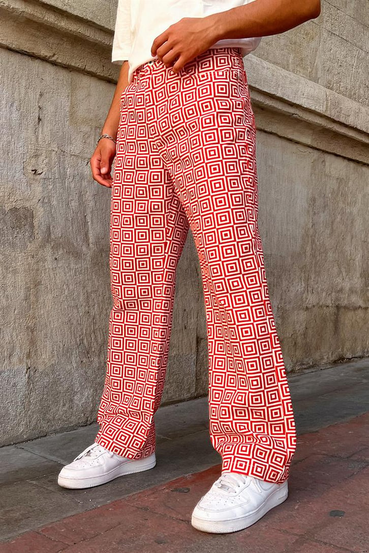 Kare Desenli Kırmızı Baggy Jean