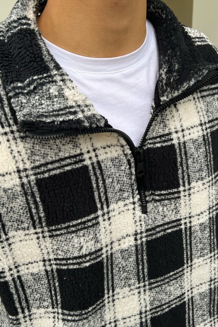Kareli Half-Zip Siyah Peluş Sweatshirt