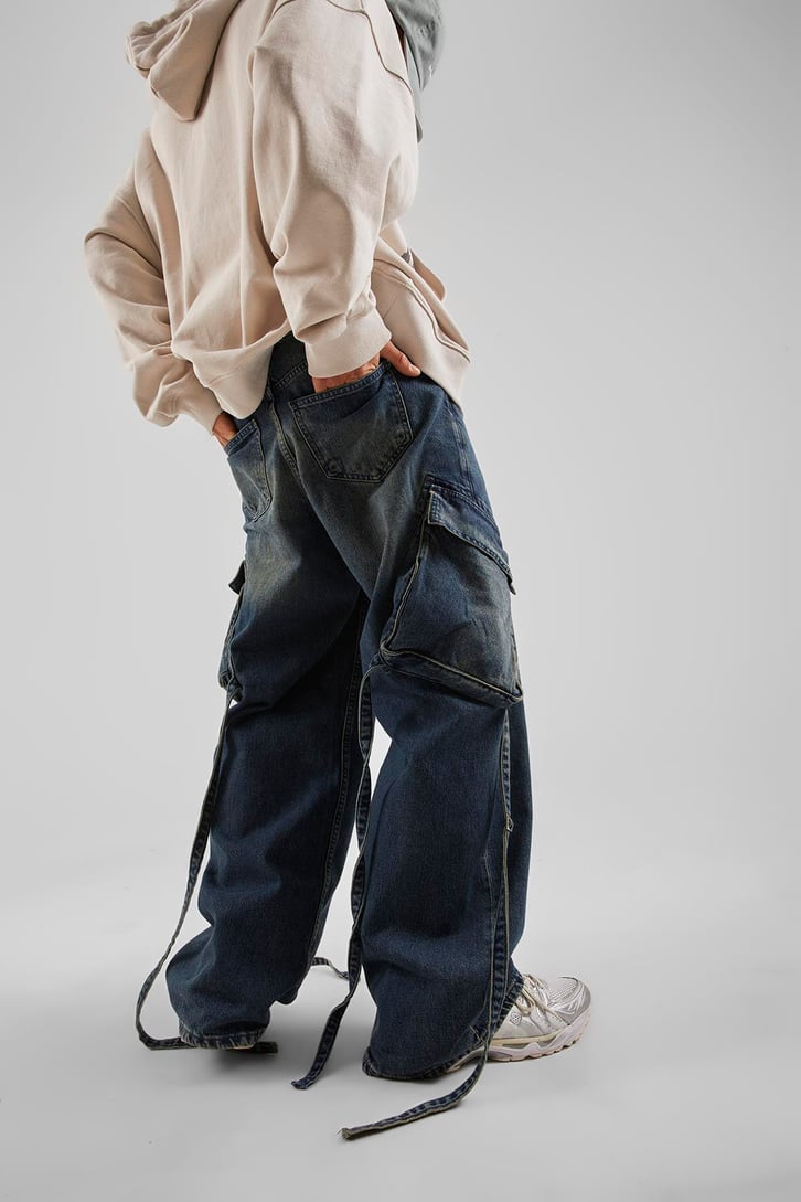 Kargo Cep Aksesuar Detaylı Mavi Baggy Jean