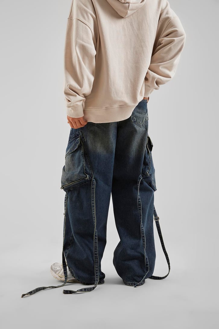 Kargo Cep Aksesuar Detaylı Mavi Baggy Jean
