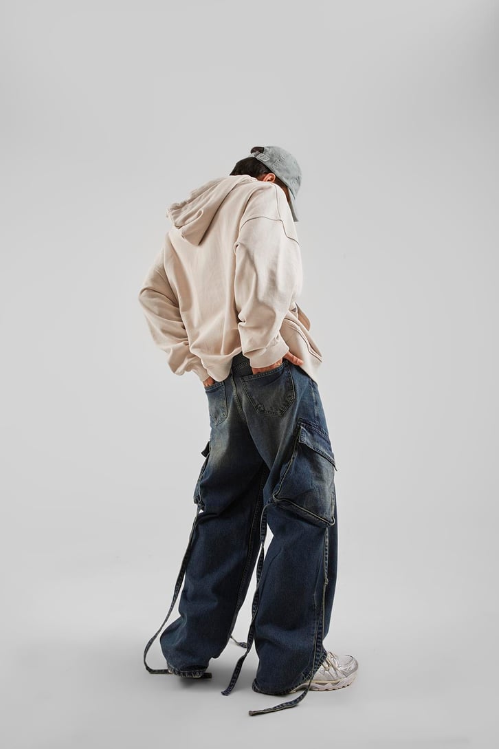 Kargo Cep Aksesuar Detaylı Mavi Baggy Jean