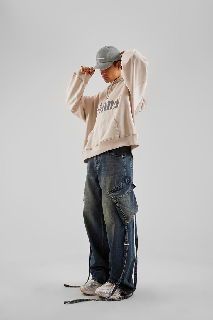 Kargo Cep Aksesuar Detaylı Mavi Baggy Jean