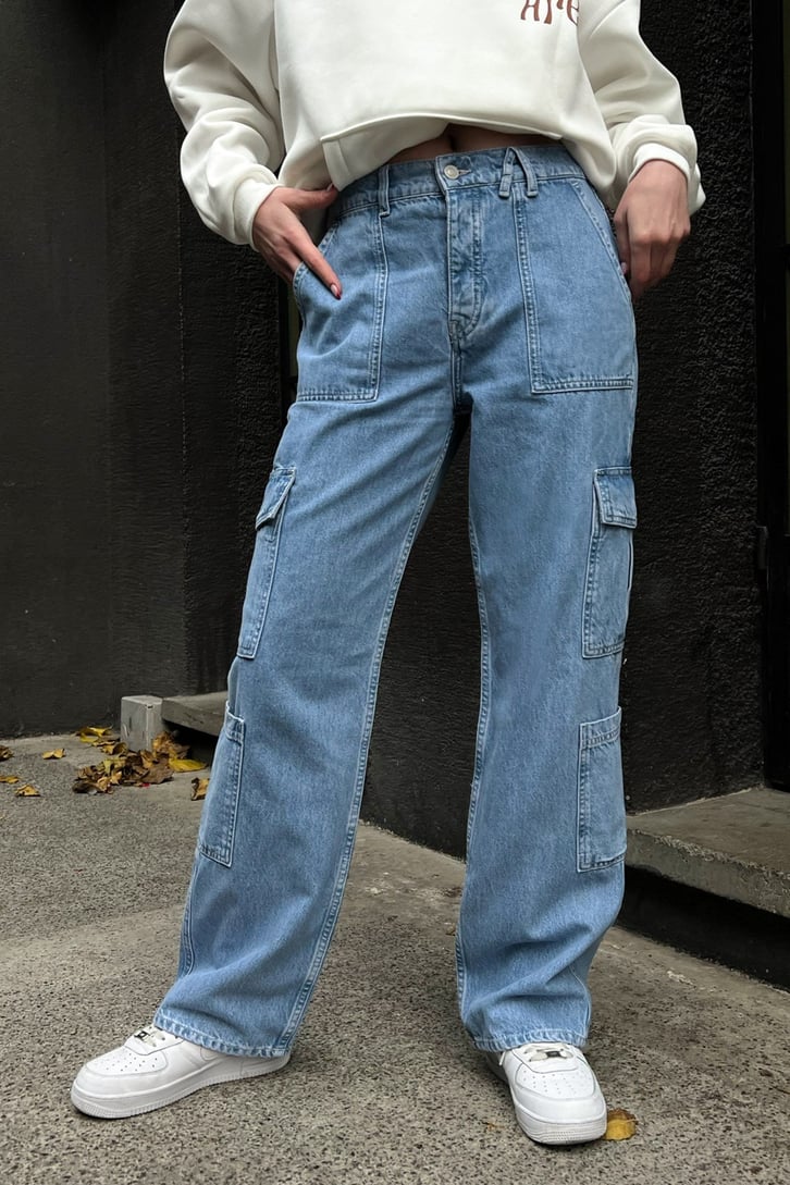 Kargo Cep Detaylı Buz Mavi Baggy Jean