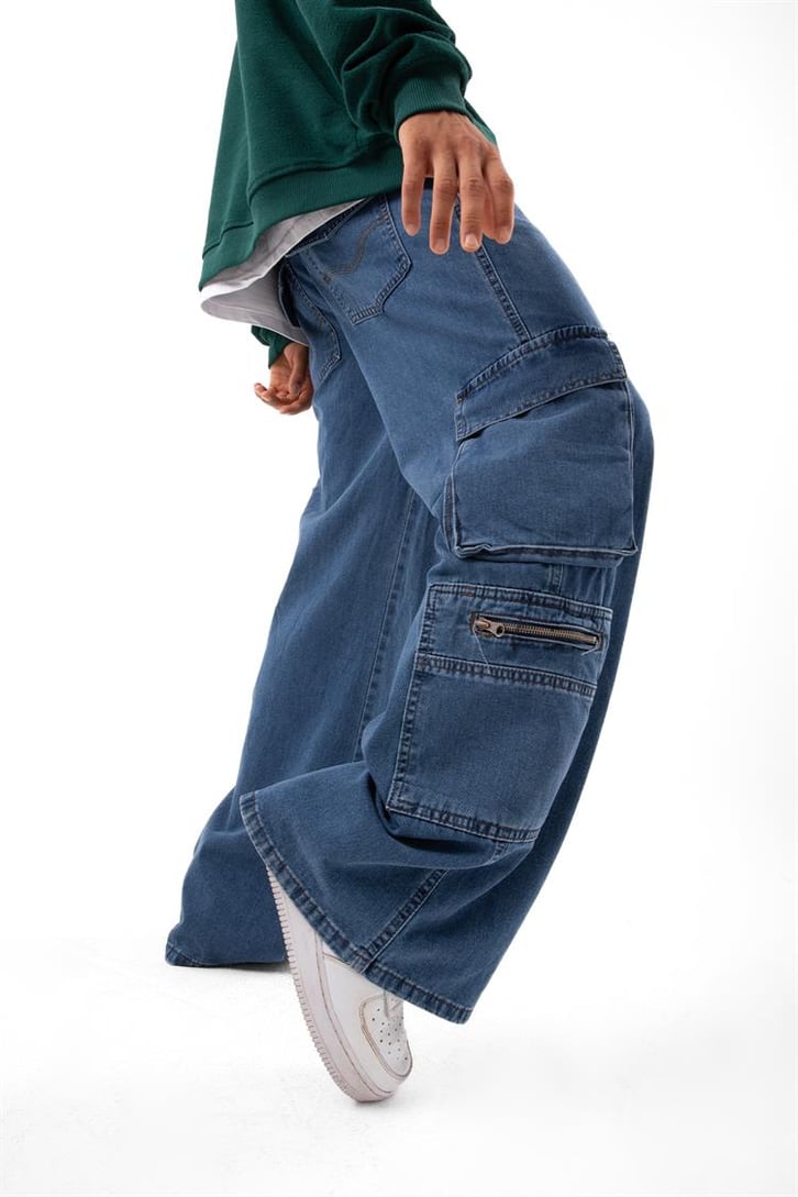 Kargo Cep Detaylı Mavi Baggy Jean
