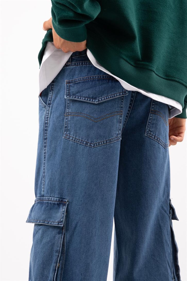 Kargo Cep Detaylı Mavi Baggy Jean