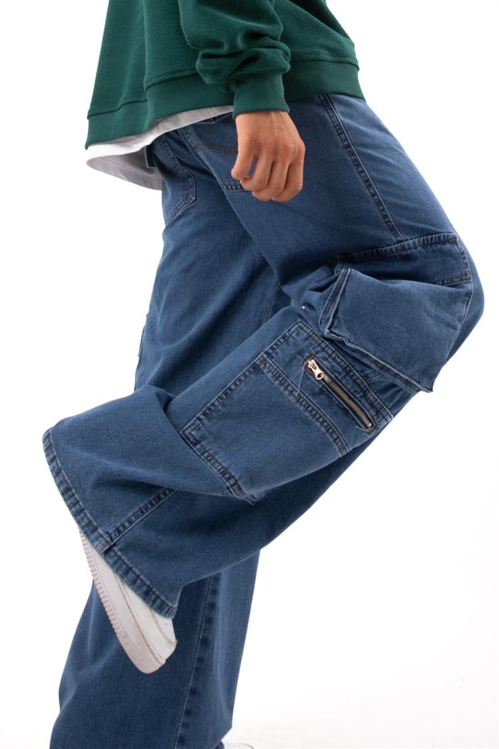 Kargo Cep Detaylı Mavi Baggy Jean