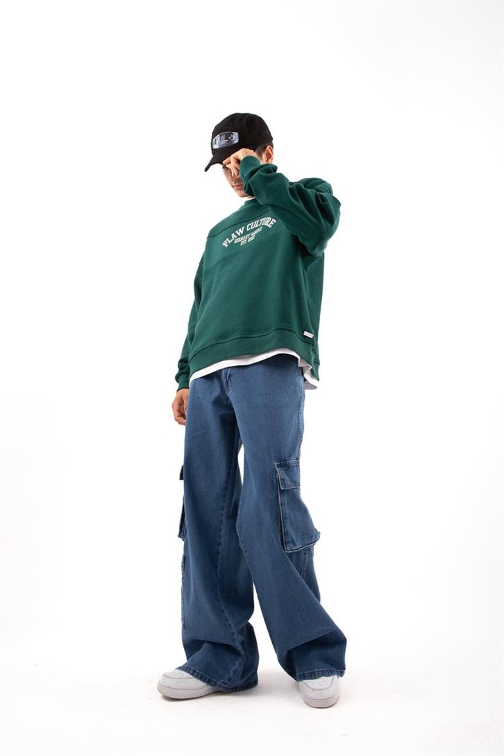 Kargo Cep Detaylı Mavi Baggy Jean
