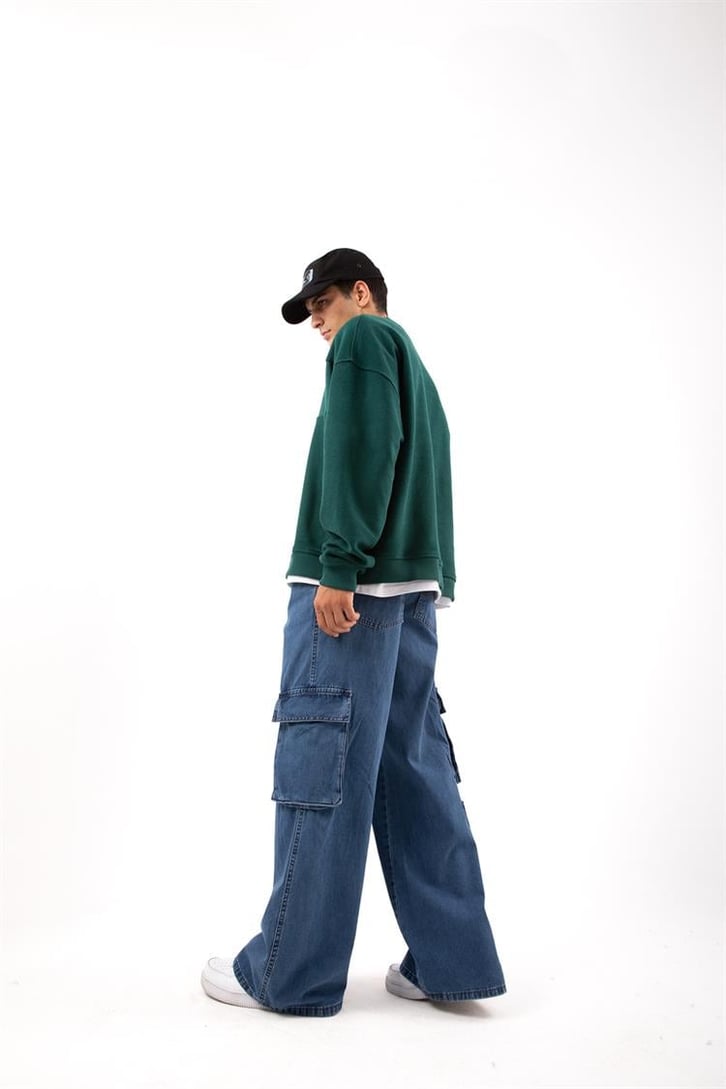 Kargo Cep Detaylı Mavi Baggy Jean