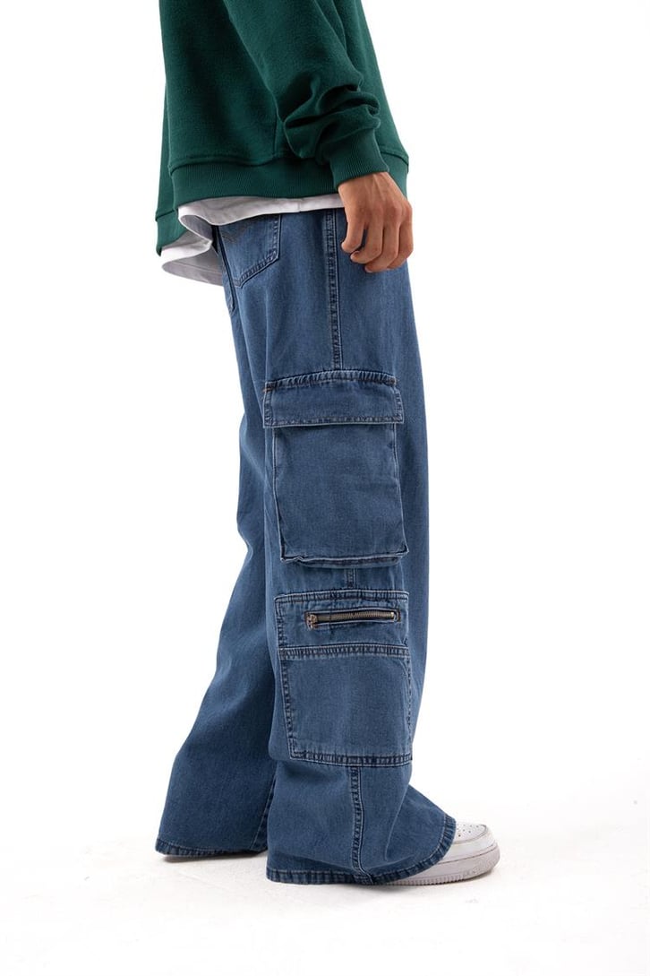 Kargo Cep Detaylı Mavi Baggy Jean