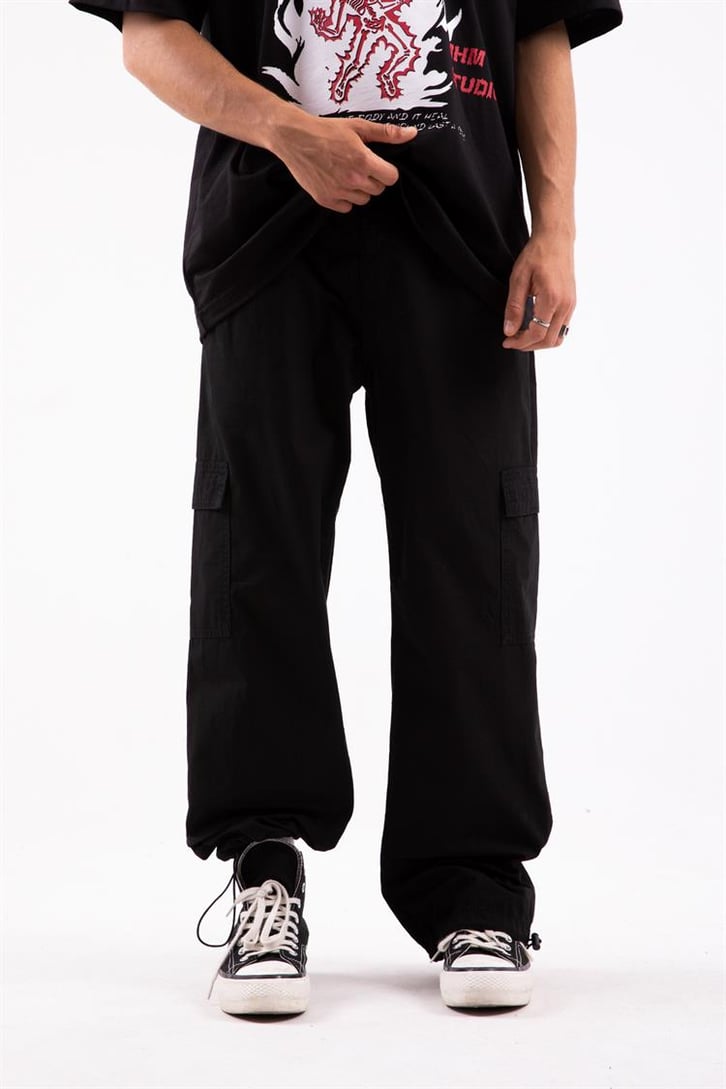 Kargo Cep Paça Lastikli Siyah Baggy Pantolon