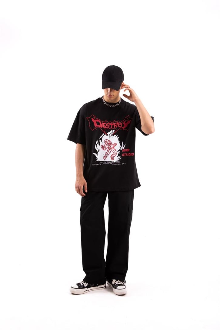 Kargo Cep Paça Lastikli Siyah Baggy Pantolon