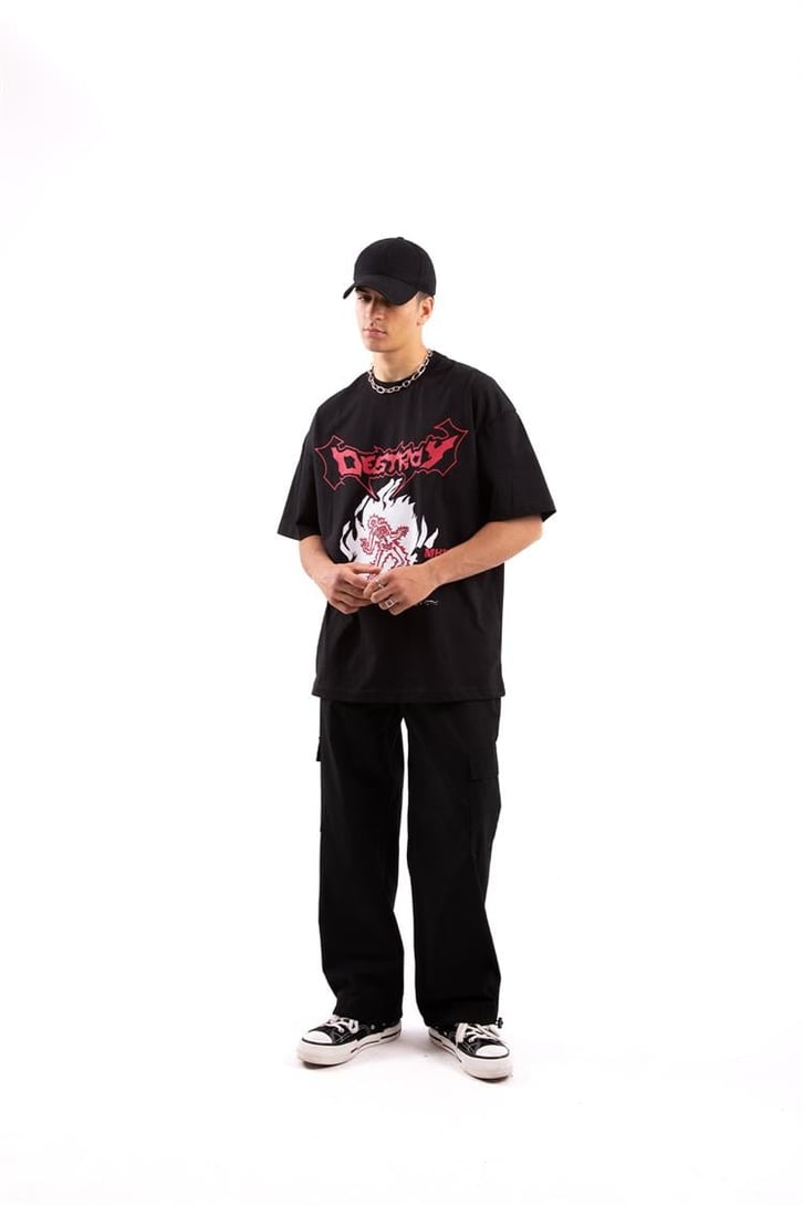 Kargo Cep Paça Lastikli Siyah Baggy Pantolon