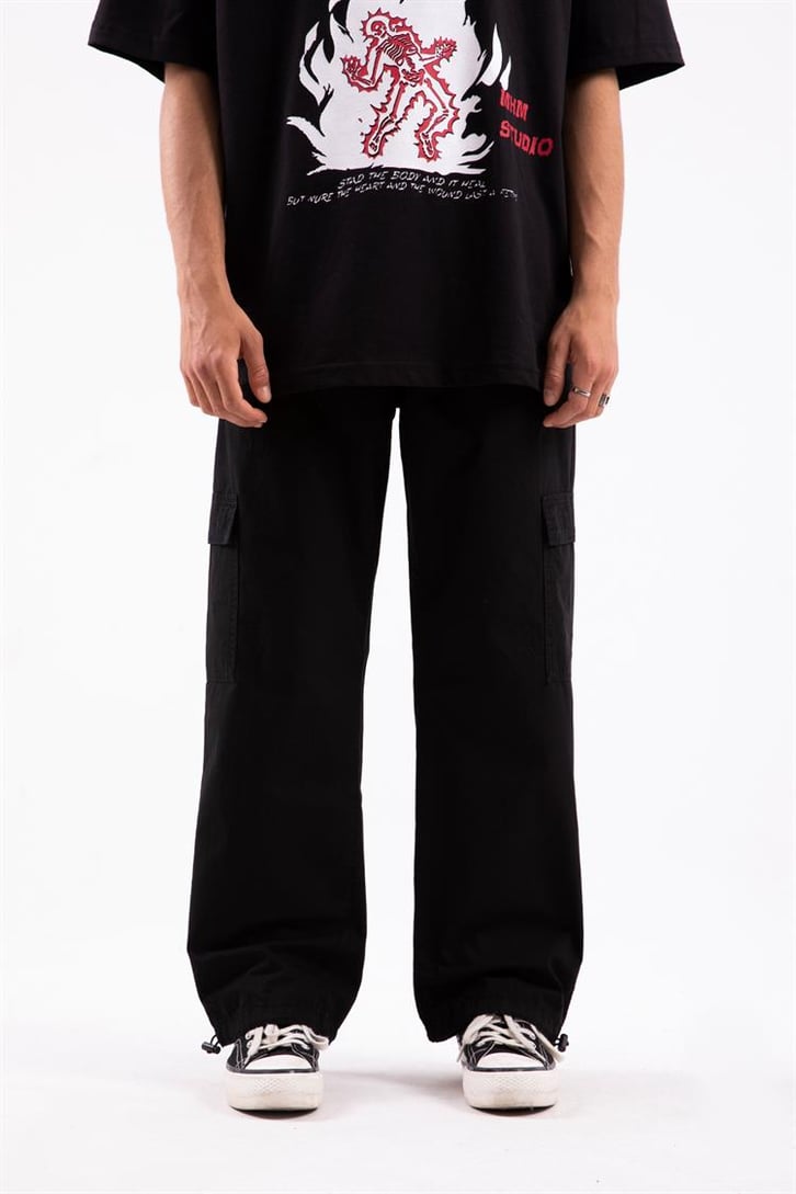 Kargo Cep Paça Lastikli Siyah Baggy Pantolon