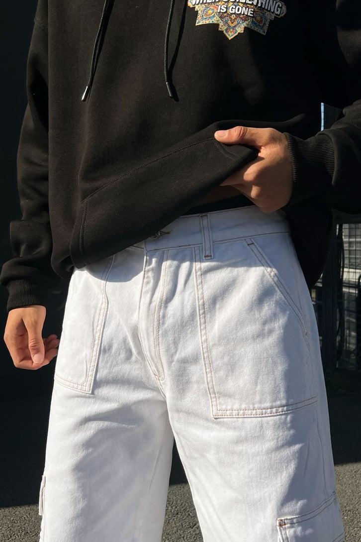 Kargo Cepli Beyaz Baggy Jean