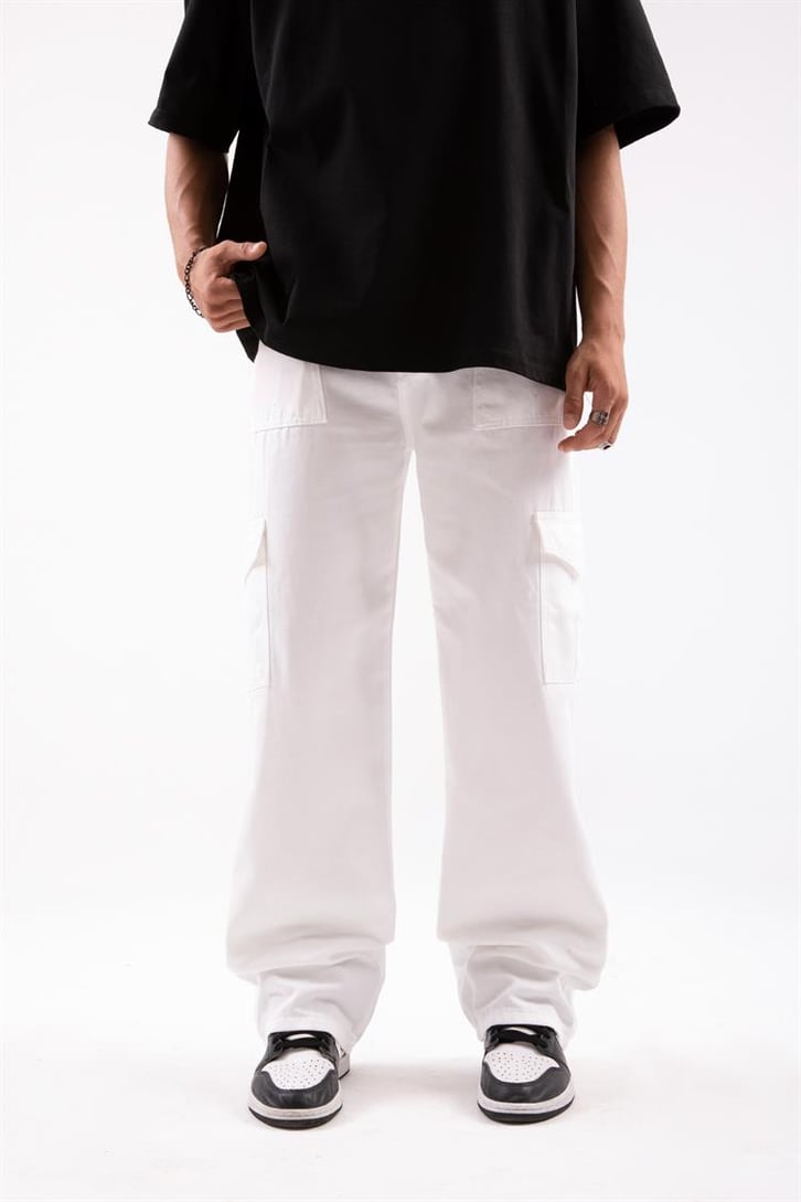 Kargo Cepli Beyaz Baggy Pantolon