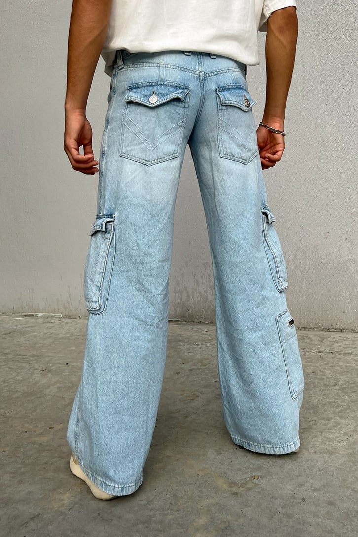 Kargo Cepli Buz Mavi Baggy Jean