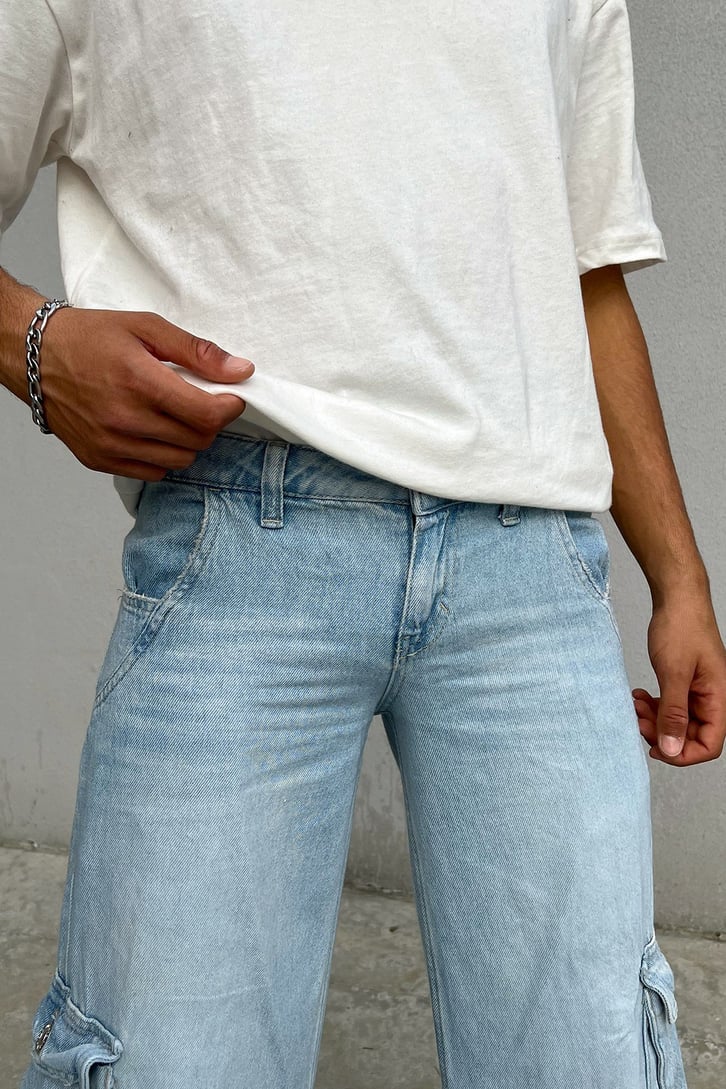 Kargo Cepli Buz Mavi Baggy Jean