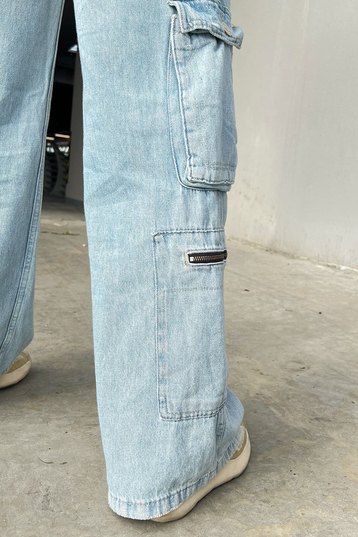 Kargo Cepli Buz Mavi Baggy Jean