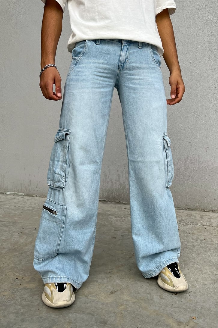 Kargo Cepli Buz Mavi Baggy Jean