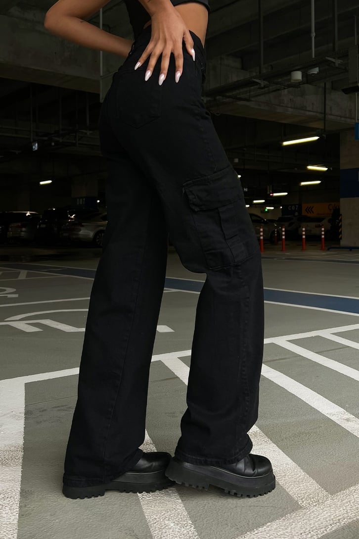 Kargo Cepli Siyah Baggy Jean