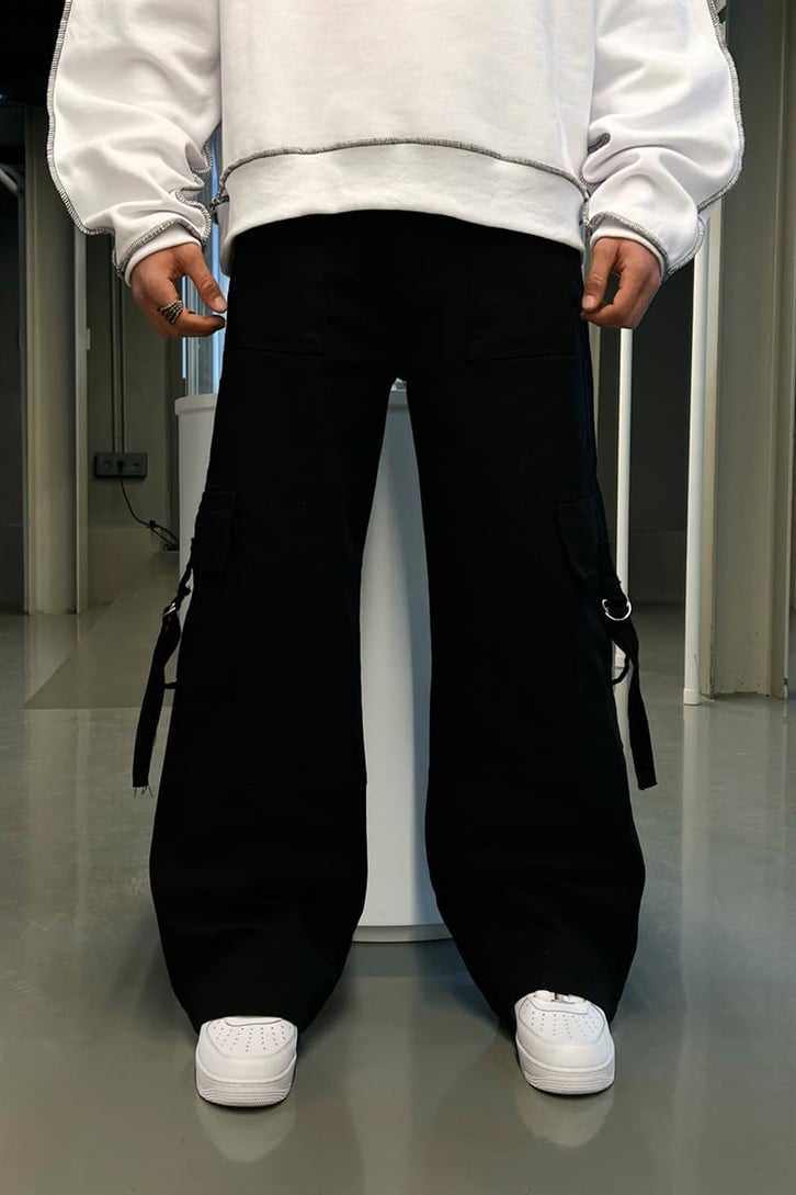 Kargo Cepli Siyah Baggy Jean