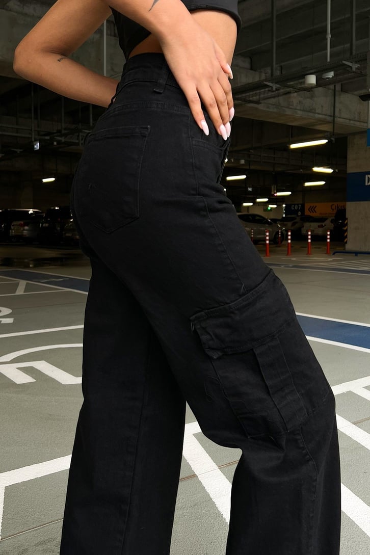 Kargo Cepli Siyah Baggy Jean