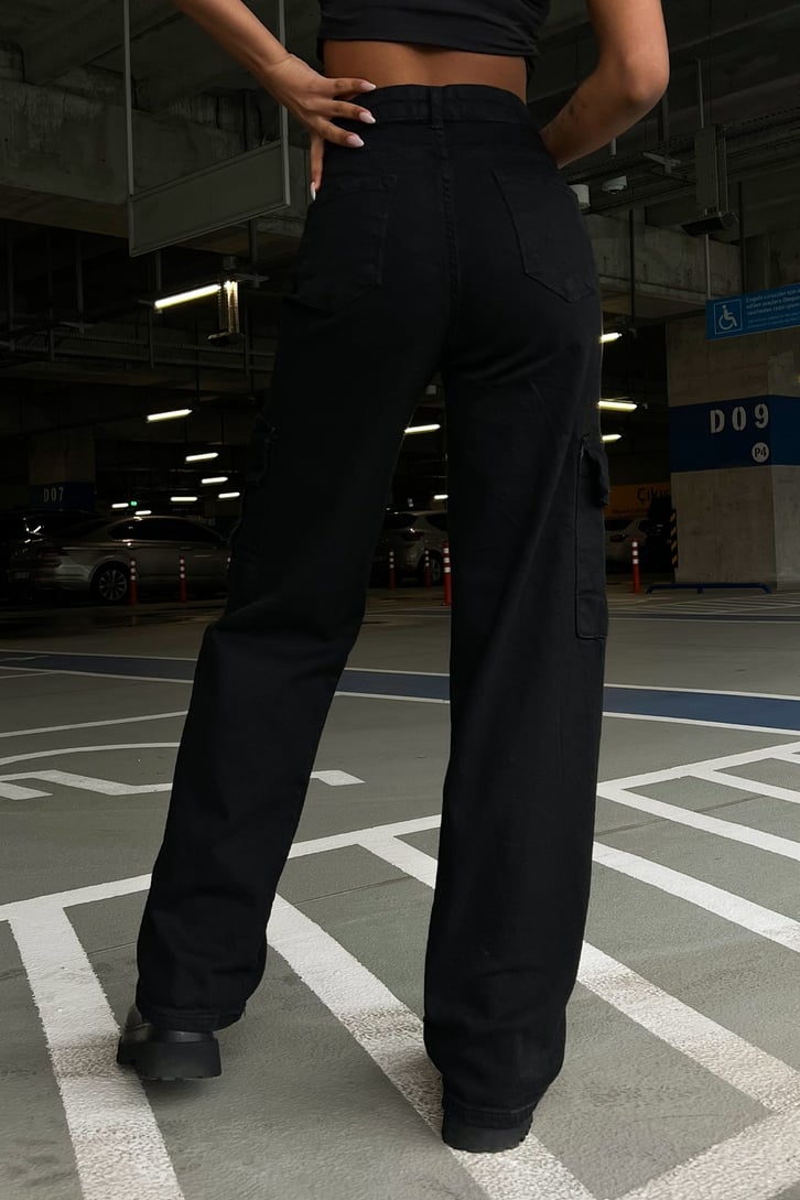 Kargo Cepli Siyah Baggy Jean